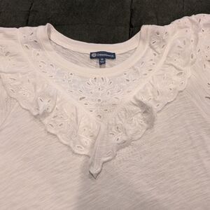 Democracy brand white top with eyelet ruffles at neck and sleeves, size M.